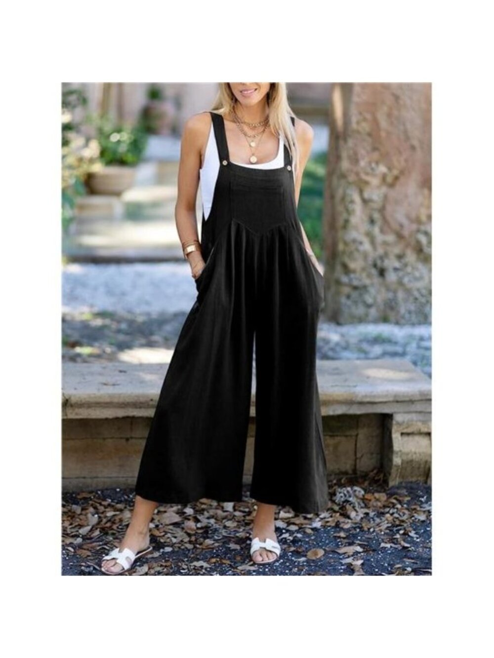 Women's Overalls Jumpsuit Casual Adjustable Straps Wide Leg with Pockets, Black - Picture 5 of 6